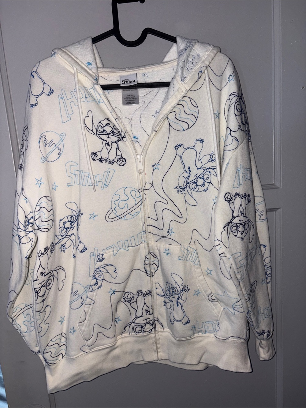 Disney Cream Hoodie Zip-Up Sweater with Blue Character Print